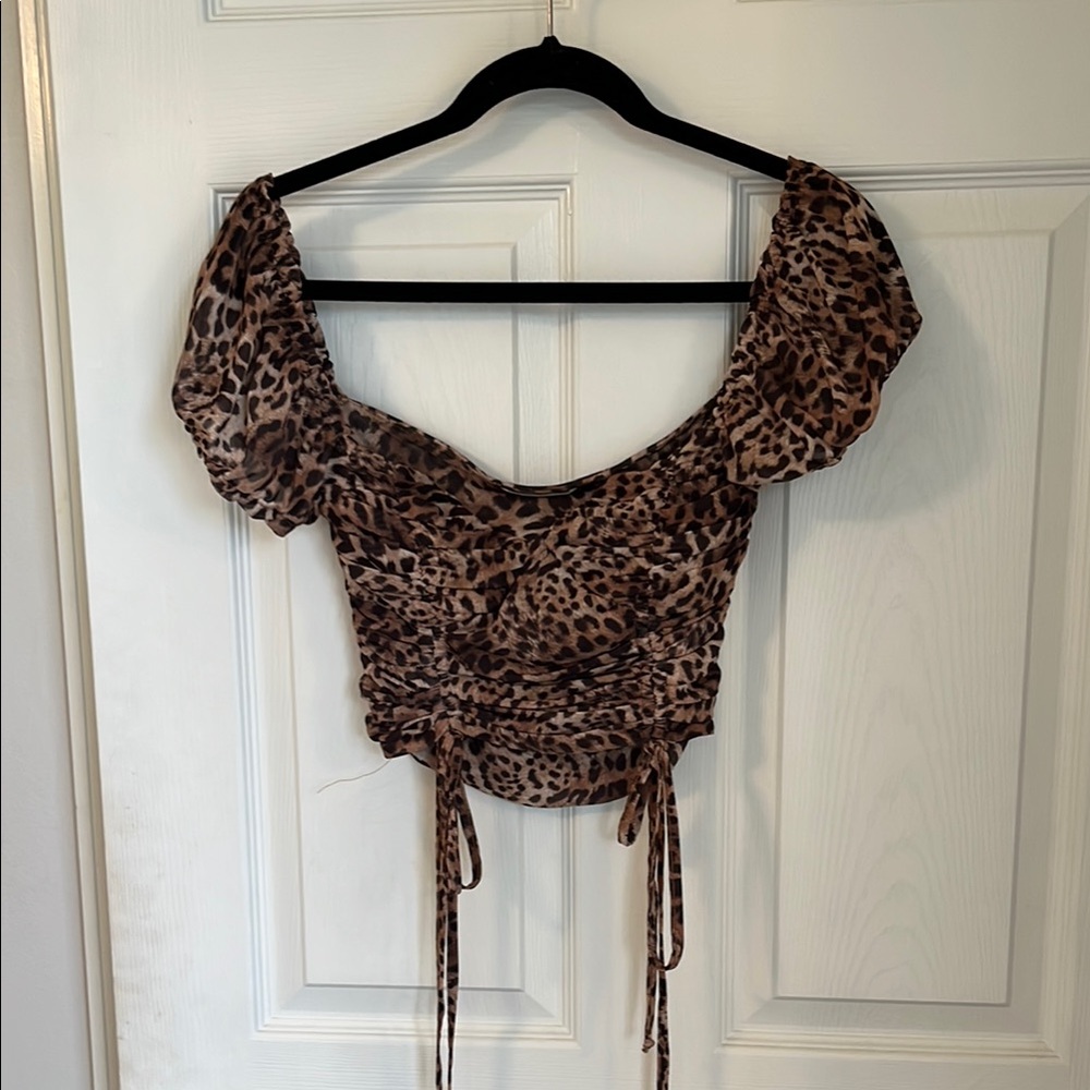 12th Tribe Brown and White Puff Sleeve Crop Top